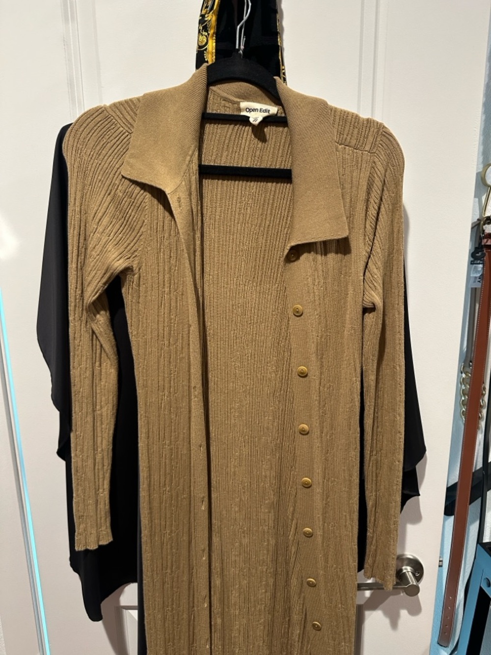 Open Edit Ribbed Long Button-Front Dress in Camel - Picture 4 of 4